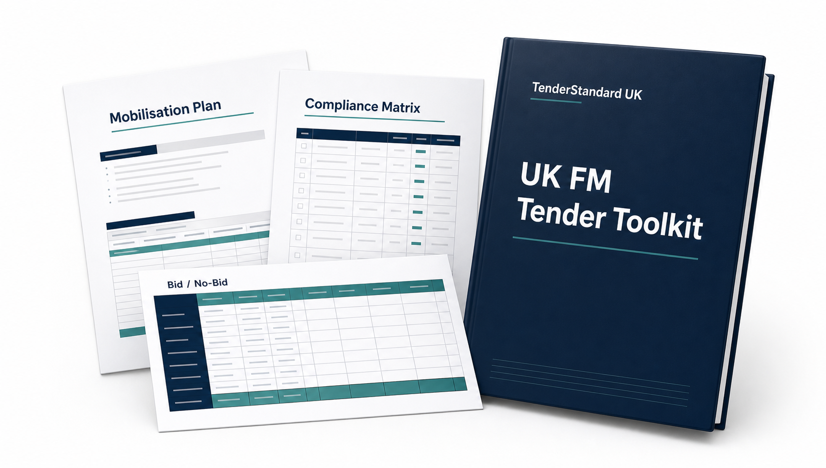 UK FM Tender Toolkit cover, mobilisation plan, compliance matrix and bid/no-bid tracker mockup.